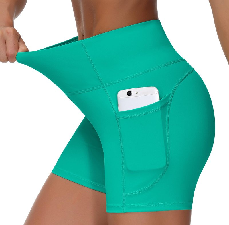 THE GYM PEOPLE High Waist Yoga Shorts for Women Tummy Control Fitness Athletic Workout Running Shorts with Deep Pockets Lake Green