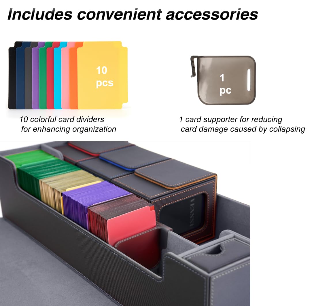 Venssu MTG Deck Box Holds 5 Display Card Deck Boxes with Playmat and Dice Box,Includes 10 colorful dividers and 1 card supporter, Trading Card Storage Box For Magic Game Cards (Black and Grey)