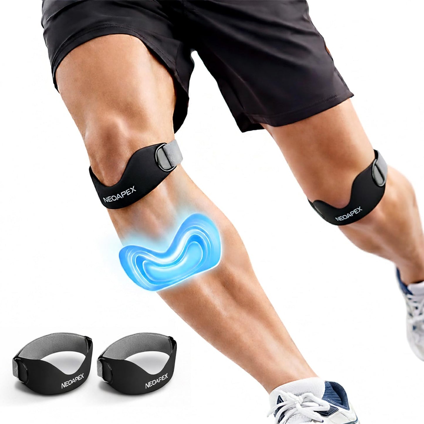NEOAPEX 2-Pack Silicone Patellar Tendon Support Strap, Adjustable Knee Pain Relief Brace for Runners Knee, Jumper's Knee, Hiking, Basketball, Soccer & Gym, Comfortable Non-Slip Knee Straps for Men & Women (Black)