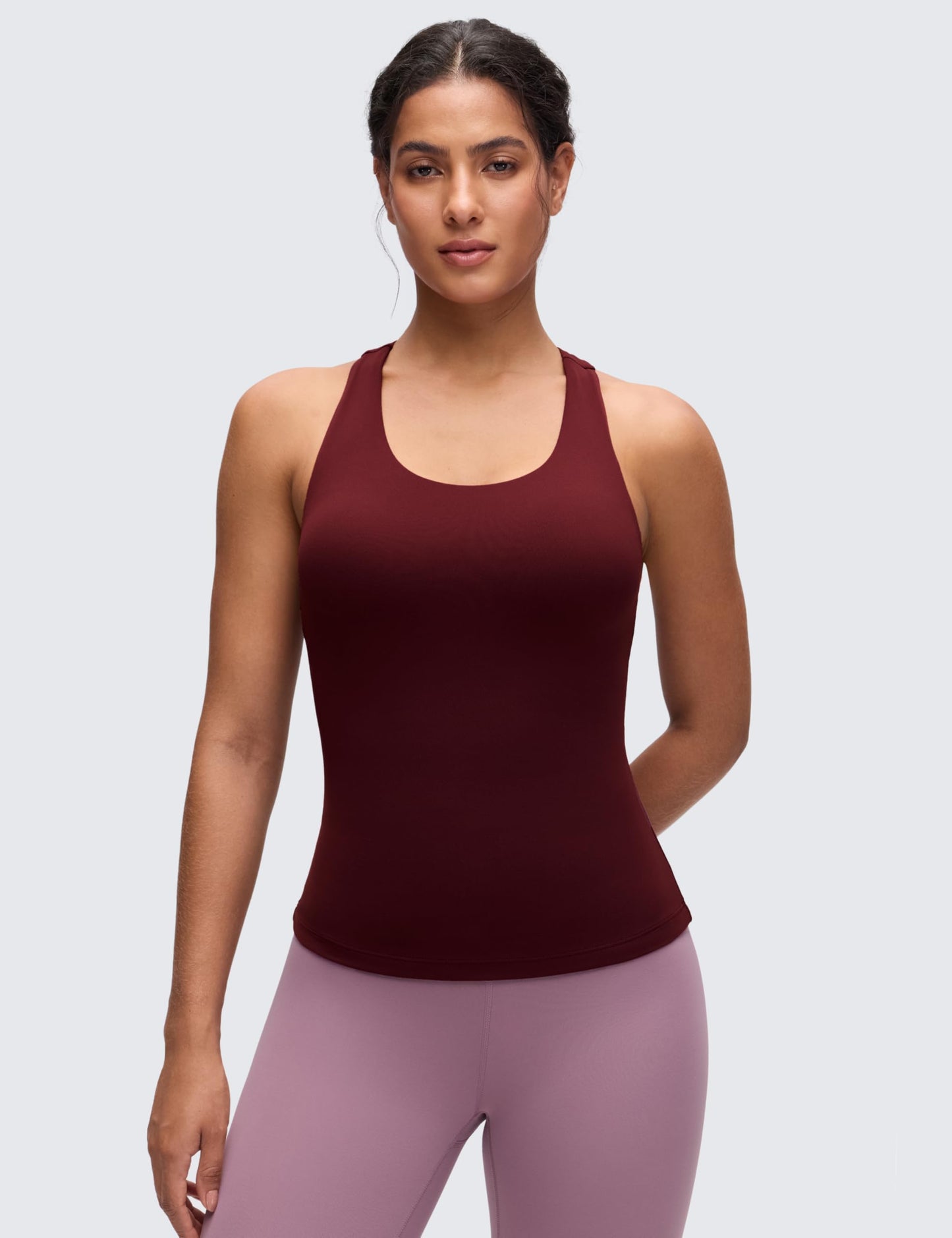 CRZ YOGA Butterluxe Workout Racerback Tank Tops for Women - Padded Athletic Spandex Yoga Shirts with Built in Bra Red Merlot X-Large