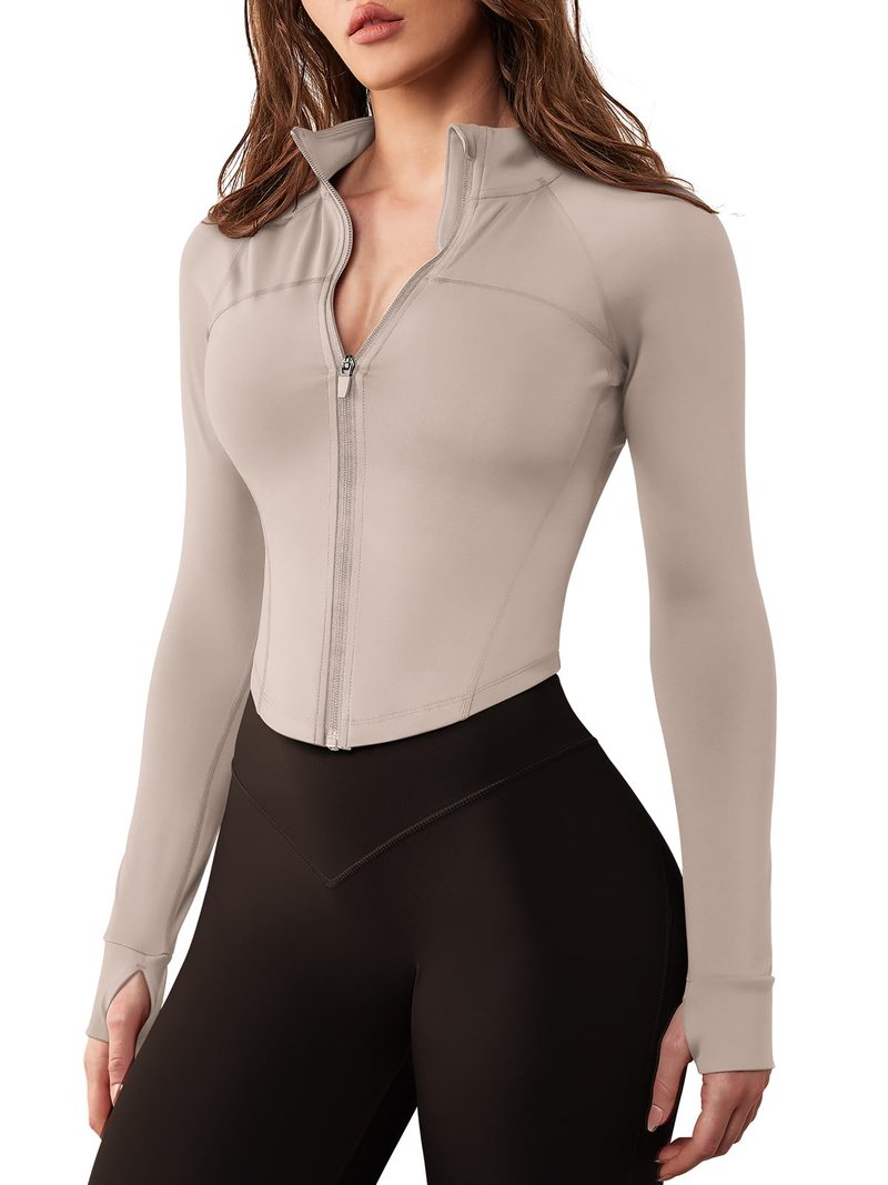 GYM RAINBOW Women's Zip Up Workout Jacket Lightweight Slim Fit Athletic Jacket Cropped Running Gym Tops with Thumb Holes(#1 Light Apricot,Small)