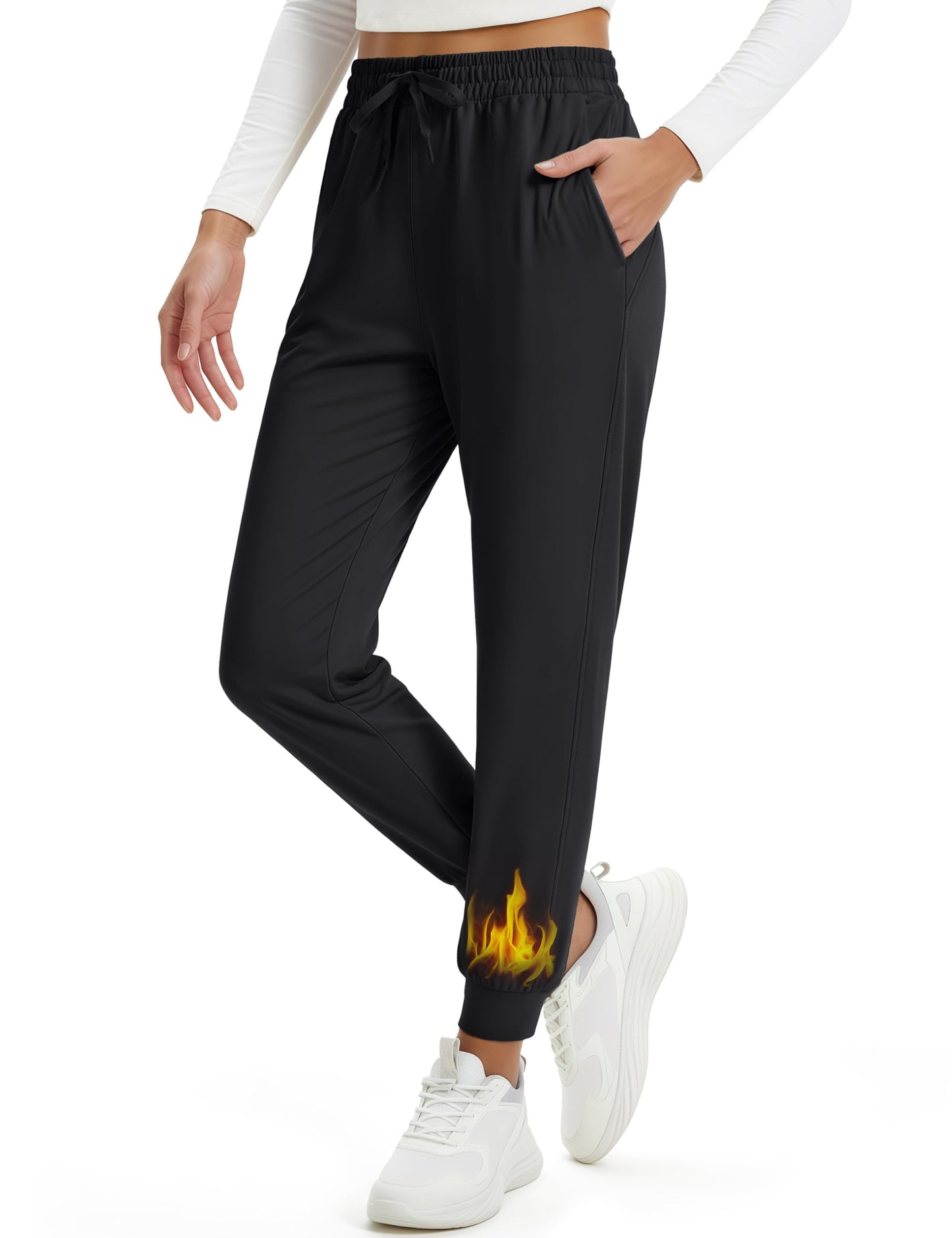 MAGCOMSEN Women's Fleece Lined Joggers Water Resistant Thermal Hiking Sweatpants Warm Pants for Cold Weather Black, L