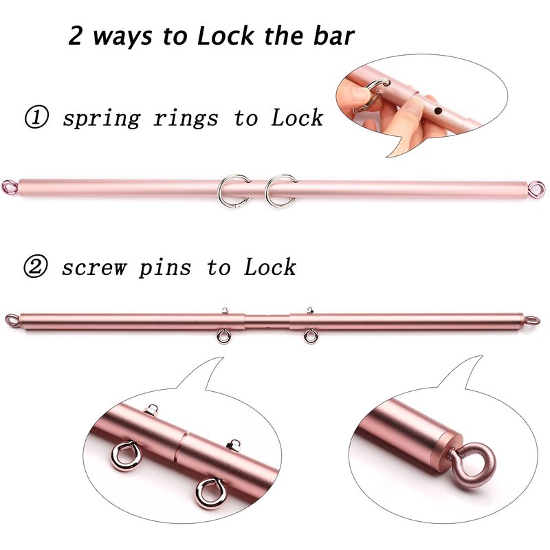 Spreader Bar Set, Stainless Steel Bar Adjustable with 4 Fur Straps Set, Expandable Training Bars Metal Exercise Fitness Home Gym Gear, Workout Bar (Rose Gold+Pink)
