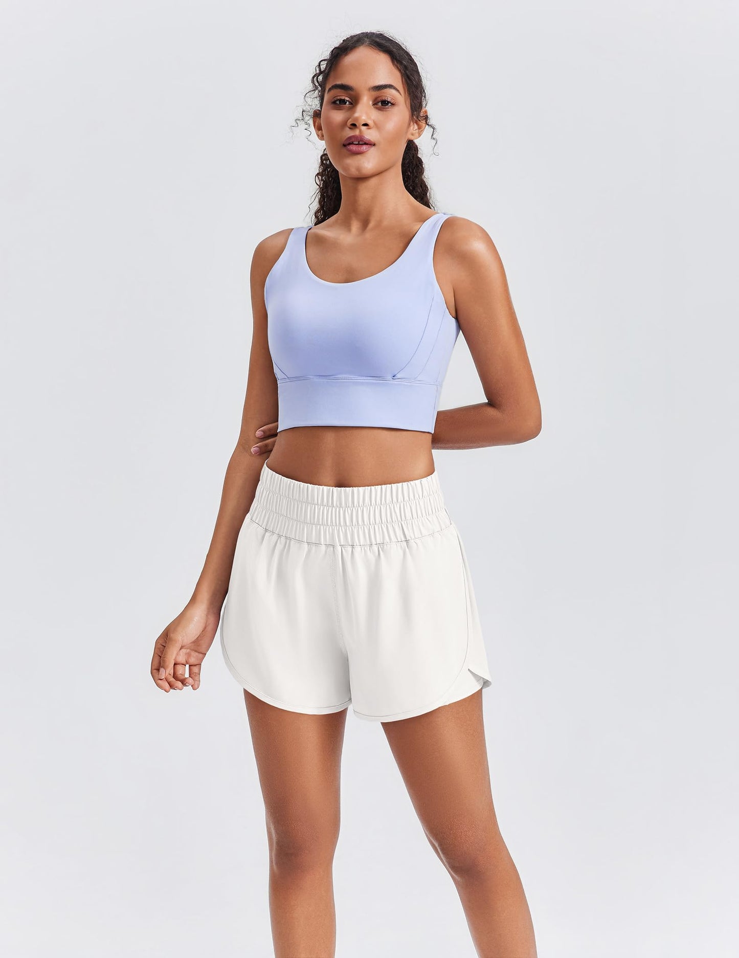 PINSPARK Women's Running Shorts High Waisted 3 Inch Athletic Active Sports Shorts Skin-Friendly Double Layer Workout Gym Yoga Shorts with Pockets, White Medium