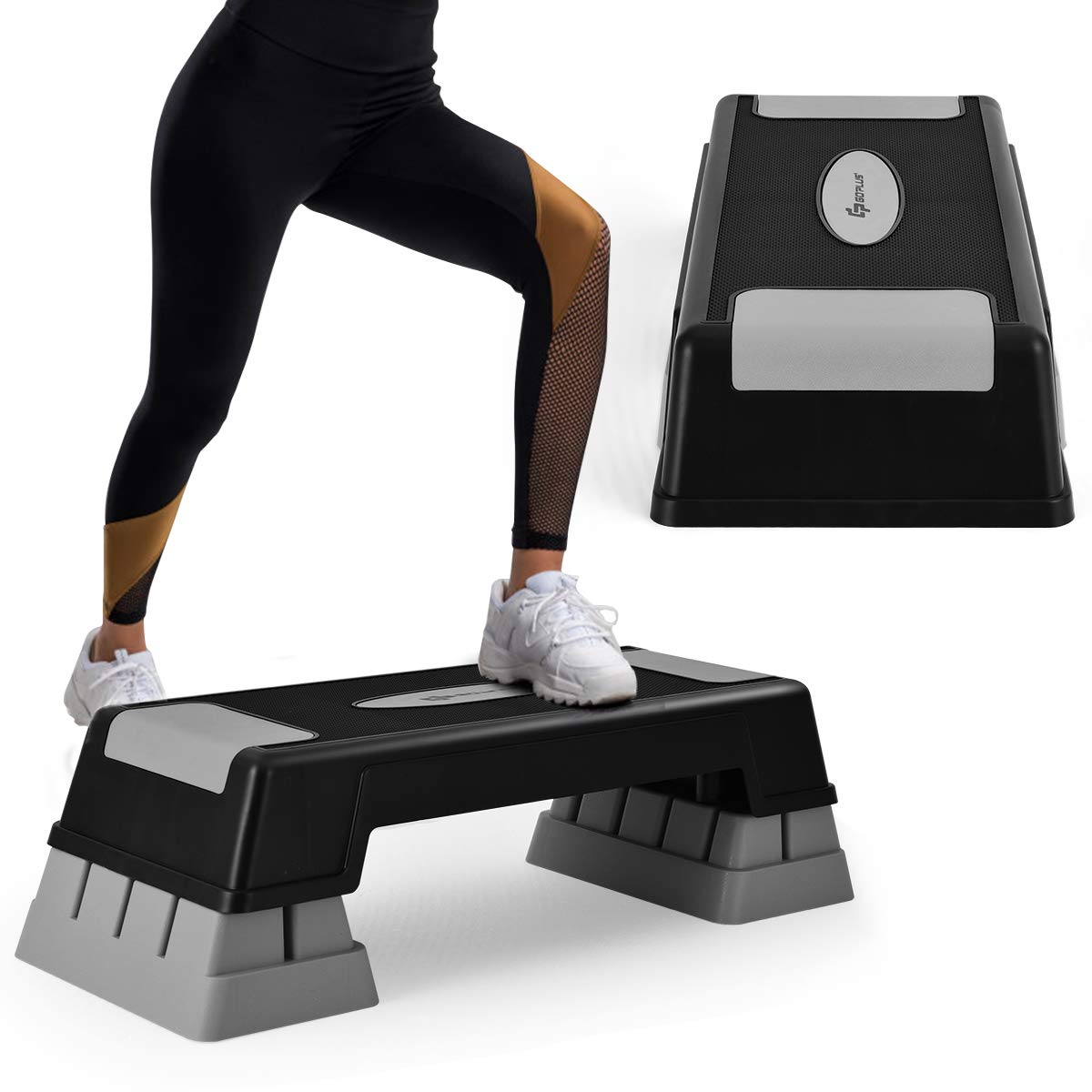 Goplus 30'' Aerobic Stepper with Risers, 5” 7” 9” Levels Height Adjustable, Workout Fitness Exercise Step Platform Trainer with Non-Slip Foot Pads, for Home/Gym (Gray)