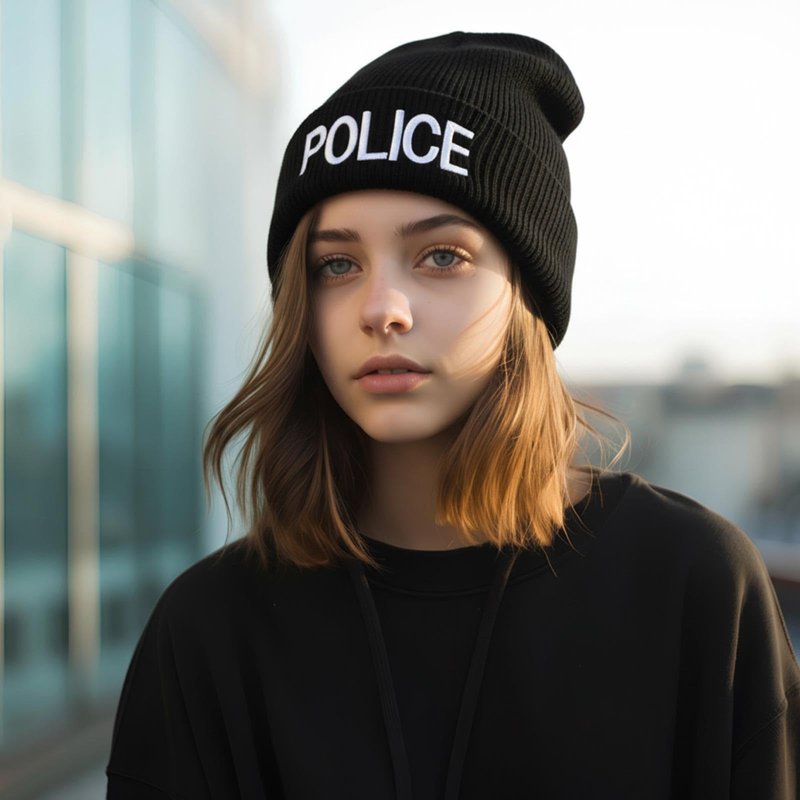 Panitay 6 Pcs Cuffed Beanie Knitted Beanie Hat Embroidered Hat Black Winter Skull Cap for Men Women (Police)
