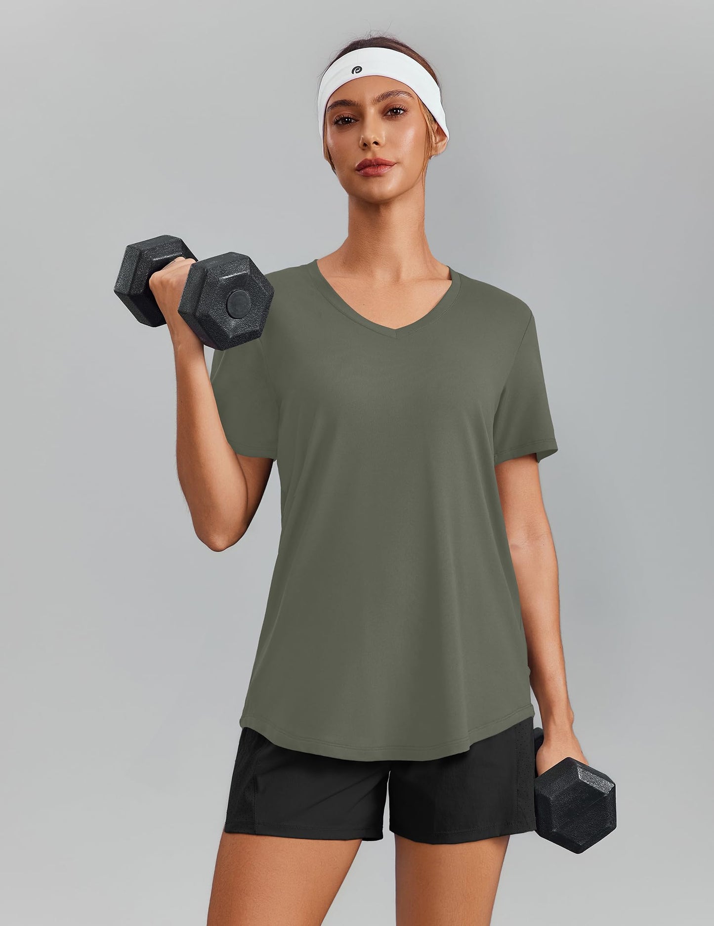 PINSPARK Breathable T-Shirts for Women Short Sleeve V Neck Moisture Wicking Workout Tops Quick Dry Lightweight Athletic Gym Shirts,Olive Green XX-Large