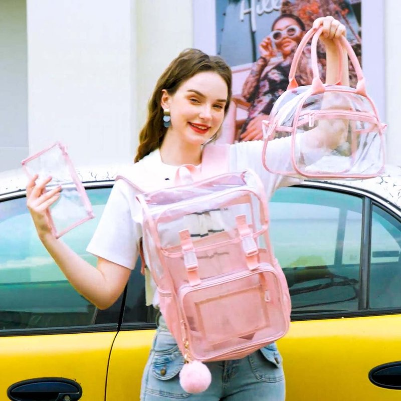 FTJCF 3PCS Pink Clear Backpack, Heavy Duty Transparent Bookbag for Women Girls, Stadium Approved See Through Backpack Set (Pink)