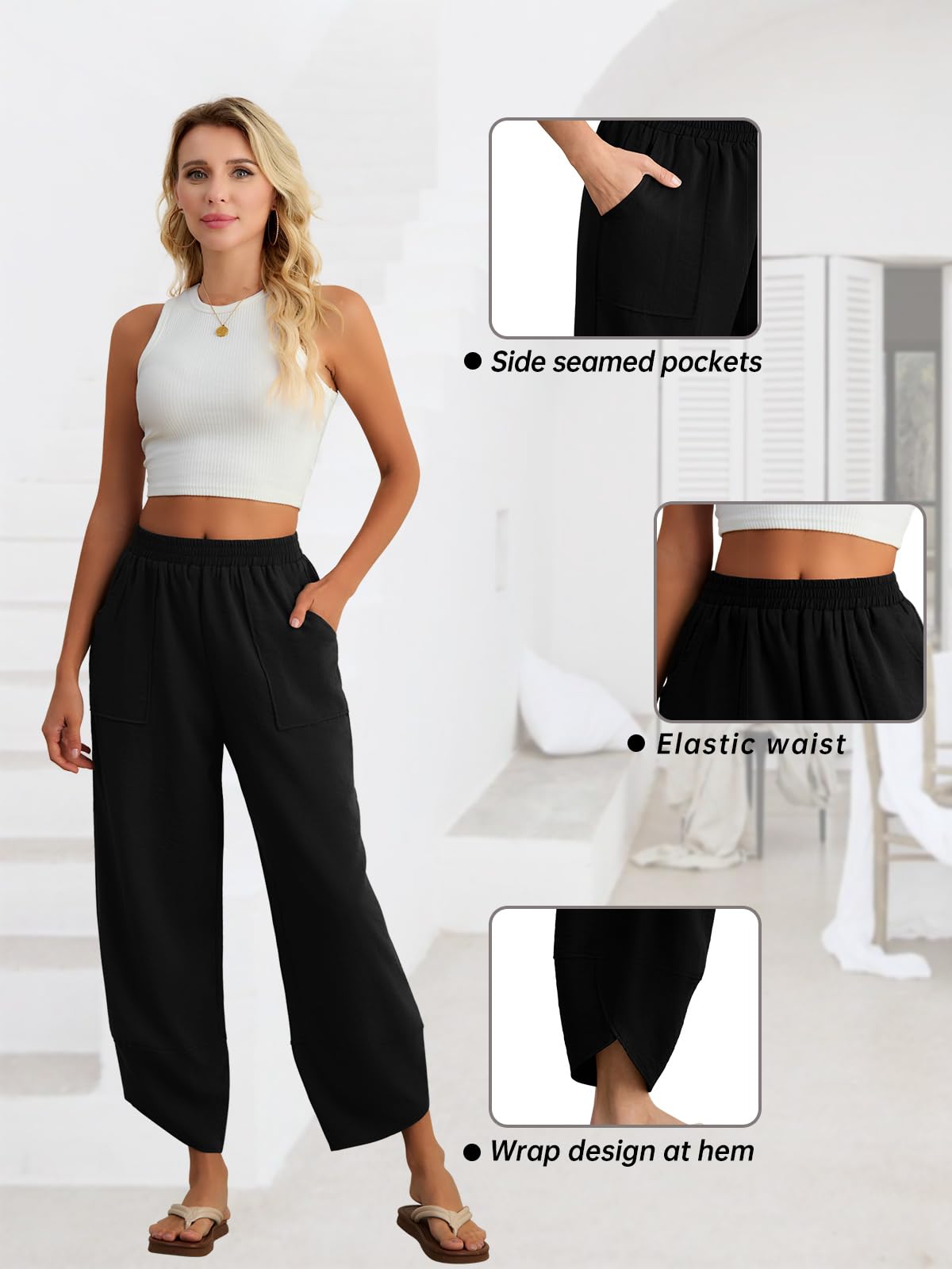 Feiersi Womens Baggy Wide Leg Pants Elastic Waisted Casual Palazzo Harem Pants Summer Beach Trousers
