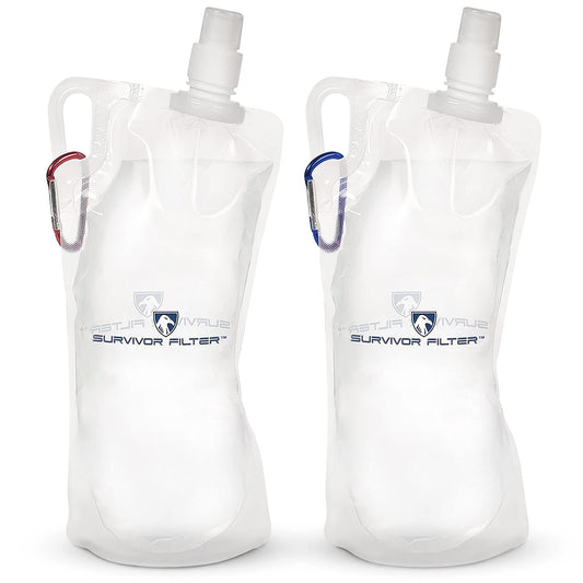 Survivor Filter 1L Clear Collapsible Water Bottles - Travel, Hiking, Foldable, BPA-Free - 2 x 33oz