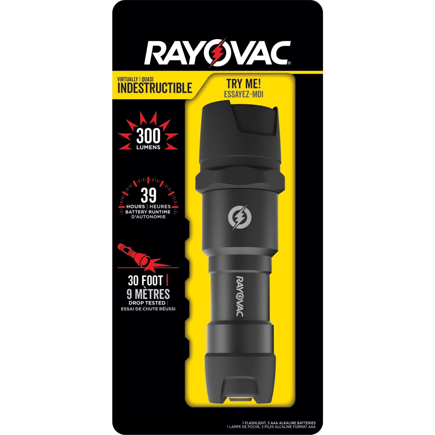 Rayovac - DIY3AAA-BE Virtually Indestructible LED Flashlight, 300 Lumen Waterproof Tactical Flashlight - Super Bright High Mode LED Flashlights for Camping, Hiking, Dog walking Black