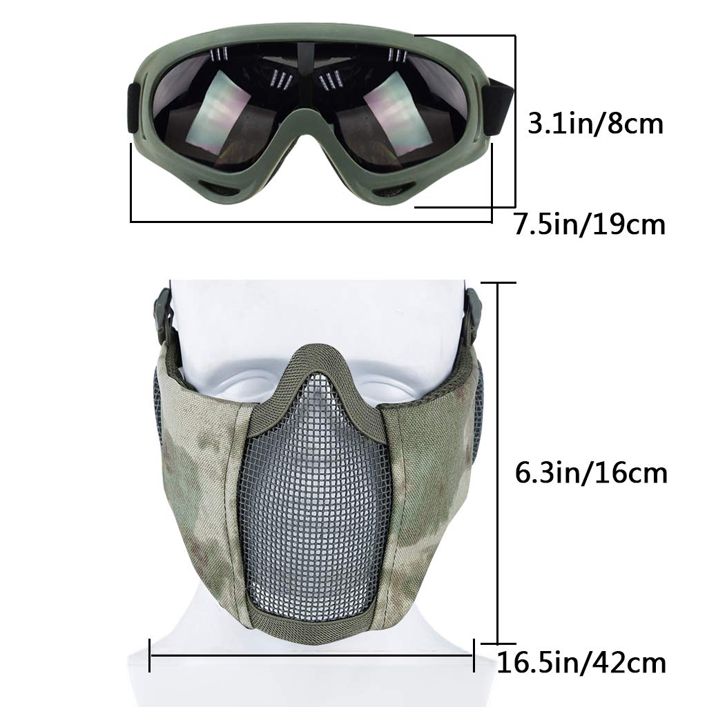 Yzpacc Airsoft Mask with Goggles, Foldable Half Face Airsoft Mesh Mask with Ear Protection for Paintball Shooting Cosplay CS Game