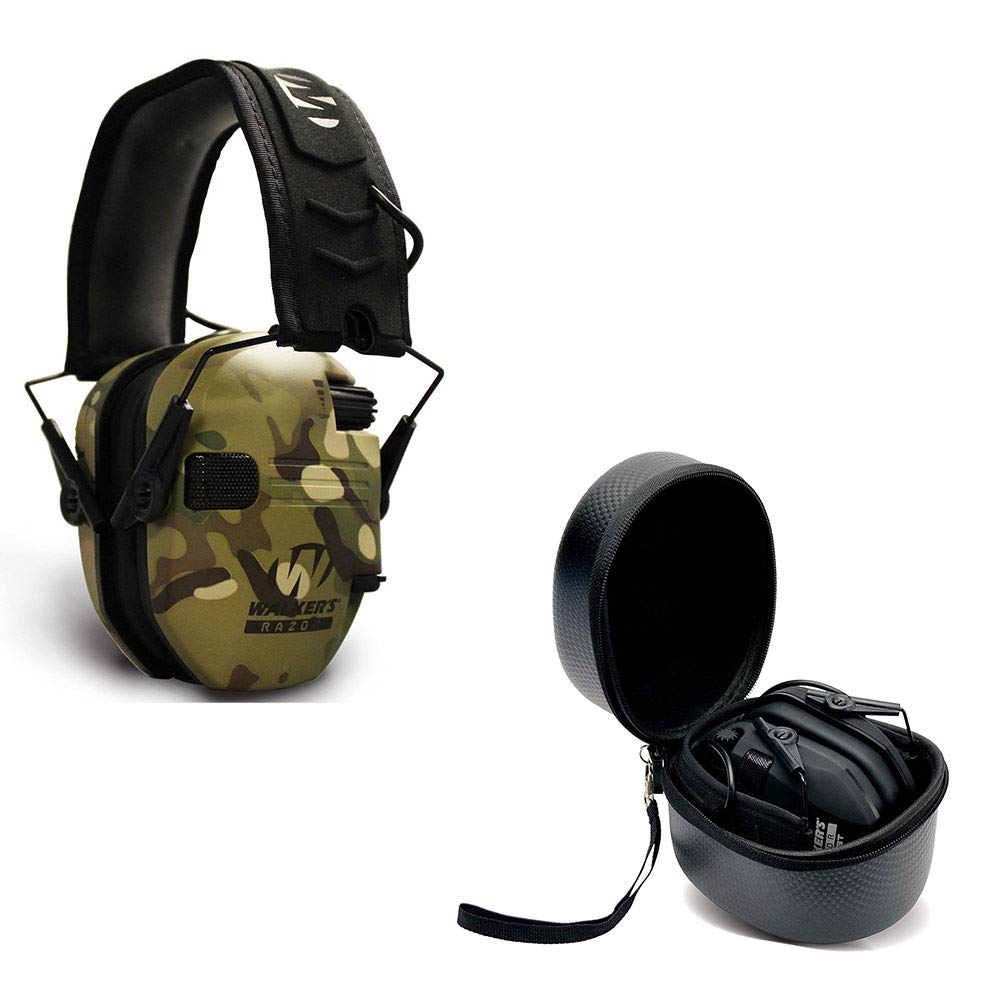 Walker's Razor Slim Shooter Multi-Camo Electronic Hunting Folding Hearing Protection Earmuffs w/ 23dB Noise Reduction & Black Shockproof Carrying Case