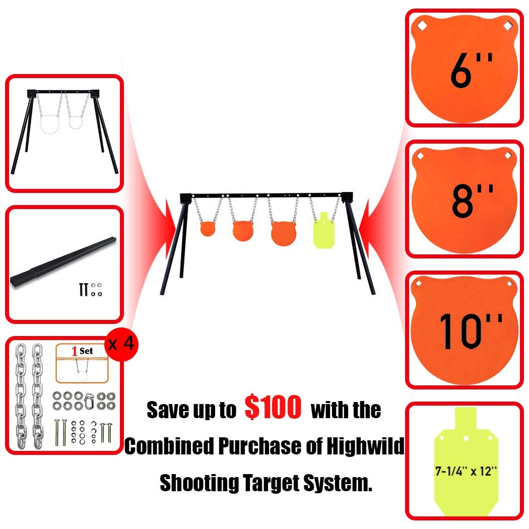 Highwild Steel Target Stand AR500 Shooting Target System (Stand, Mounting Kits & 6",8",10" Gongs + 7"x 12" Torso)