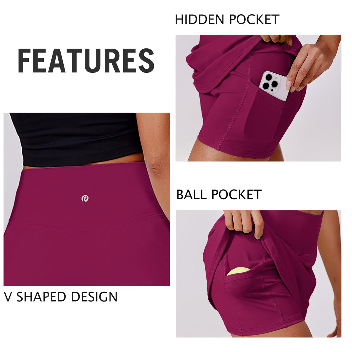 PINSPARK Women Tennis Skirts High Waisted Athletic Skorts Quick Dry Golf Skirt Lightweight Workout Skort with Pockets Shorts, Berry Red XS