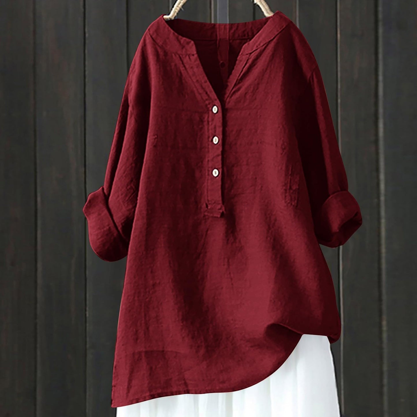 Generic Clearance Items Overstock Outlet Store Clearance Prime Womens Tops Summer Linen 3/4 Sleeve Solid Color Shirt Womens Button Dressy Casual Womens v Neck t Shirts Women Trendy Clothes Red-4 L