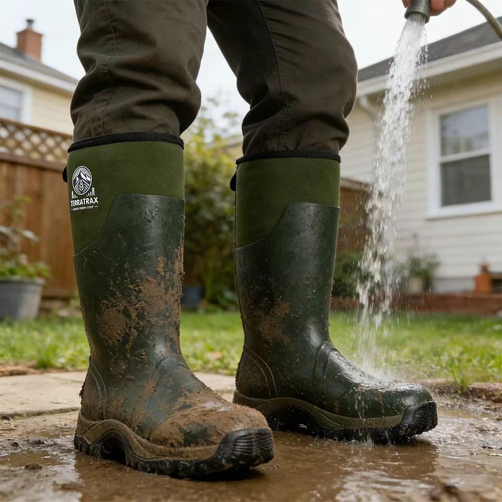 TerraTrax Men's Waterproof Insulated Rubber Hunting Boots – 6mm Neoprene Rain Boots for Outdoor Work, Fishing, Farming & Gardening Green Size 13