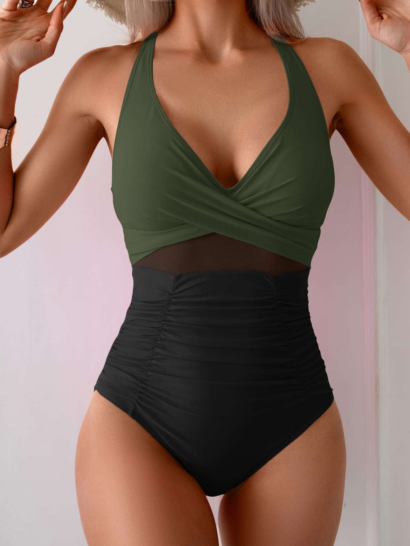 Eomenie One Piece Swimsuit for Women Tummy Control Mesh High Waisted Bathing Suit Wrap Tie Back Swimwear Army Green