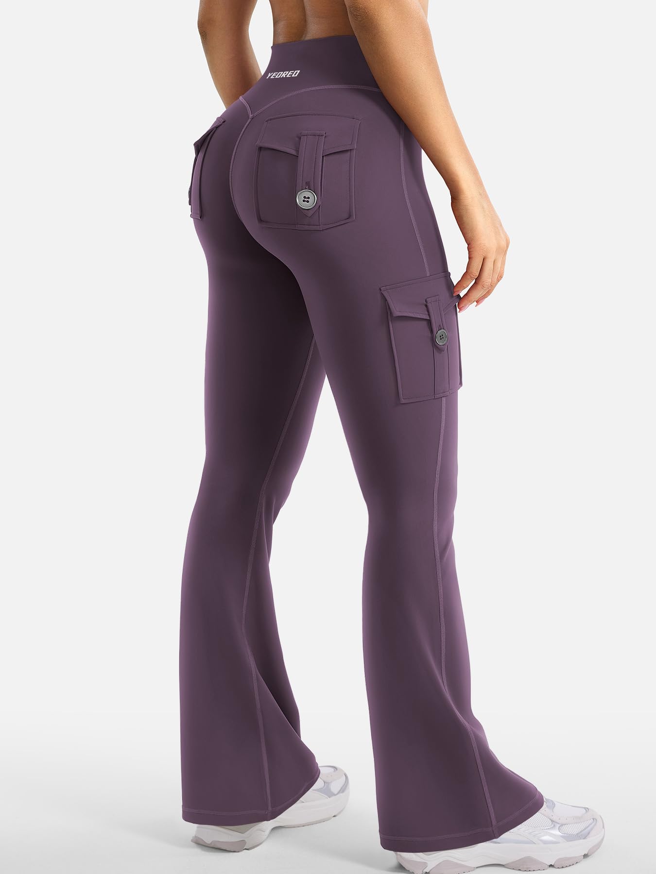 YEOREO CoreFlex Women Workout Flare Leggings with Pockets Hidden Scrunch High Waisted Cargo Gym Yoga No Front Seam Leggings Black Berry Purple S