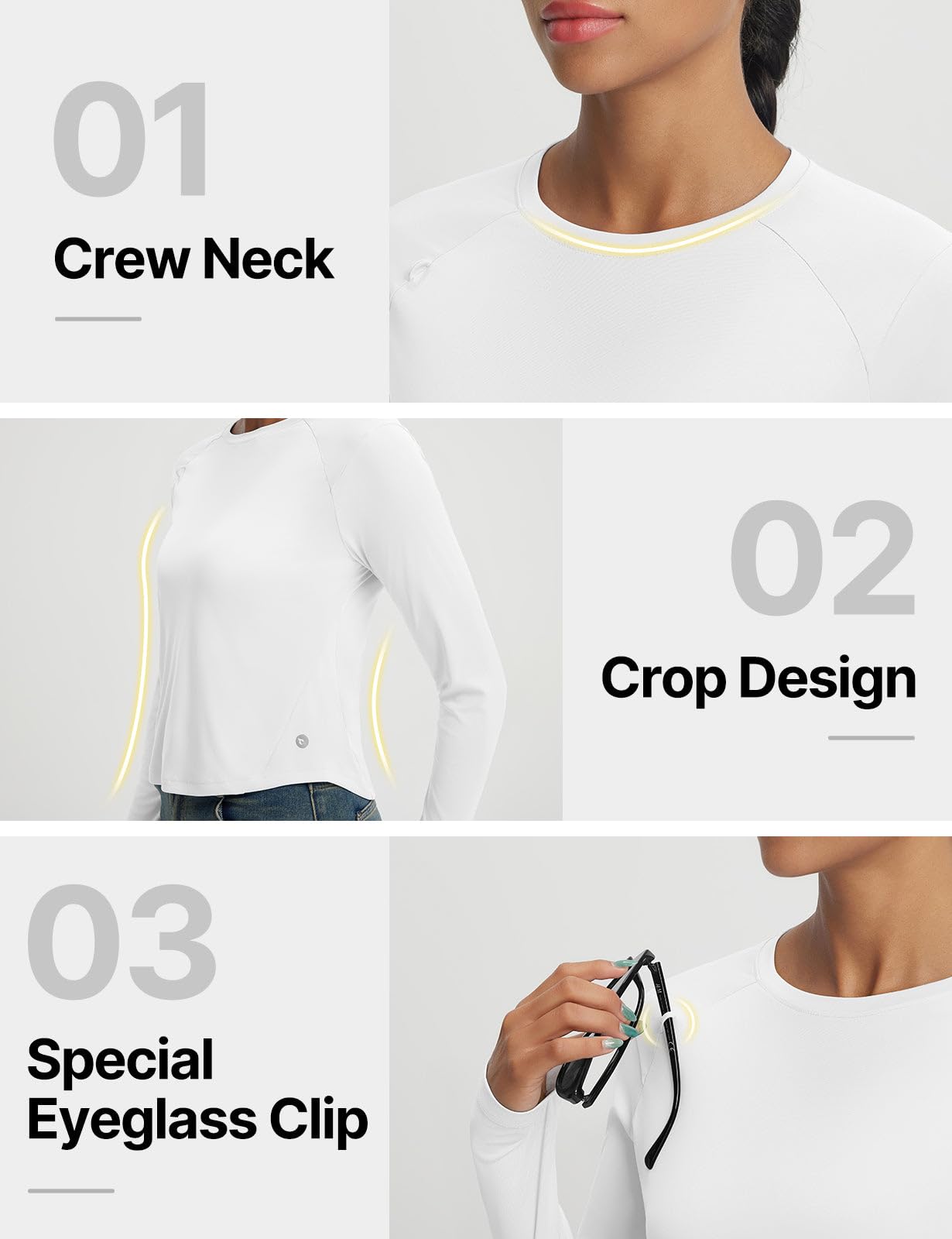 baleaf Women's UPF 50+ Long Sleeve Sun Shirts Crop Rash Guard UV Workout Tops SPF Slim Fit Lightweight Athletic Hiking White XS