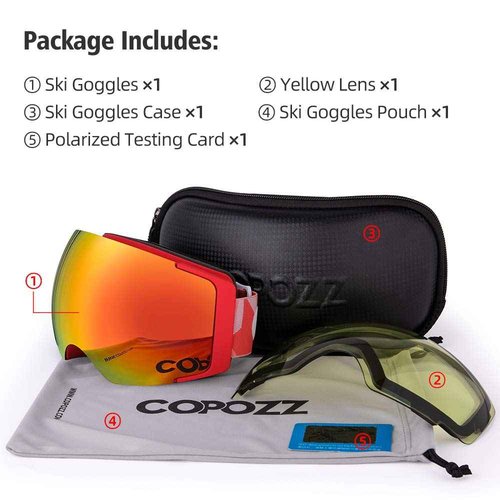 COPOZZ Polarized Ski Goggles Set, M1 Magnetic Snowboard OTG UV400 Skiing Goggles … (Red Lens Red Frame VLT-16.1%)