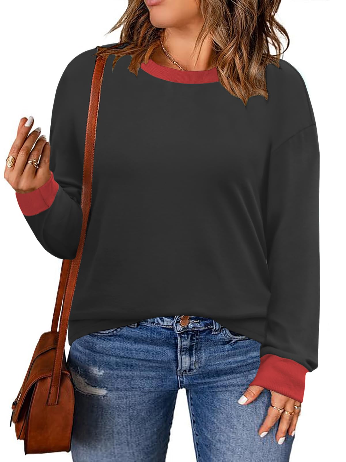 DOLNINE Plus Size Sweater Shirts for Women Trendy Long Sleeve Winter Color Block Pullover Black 4Xl