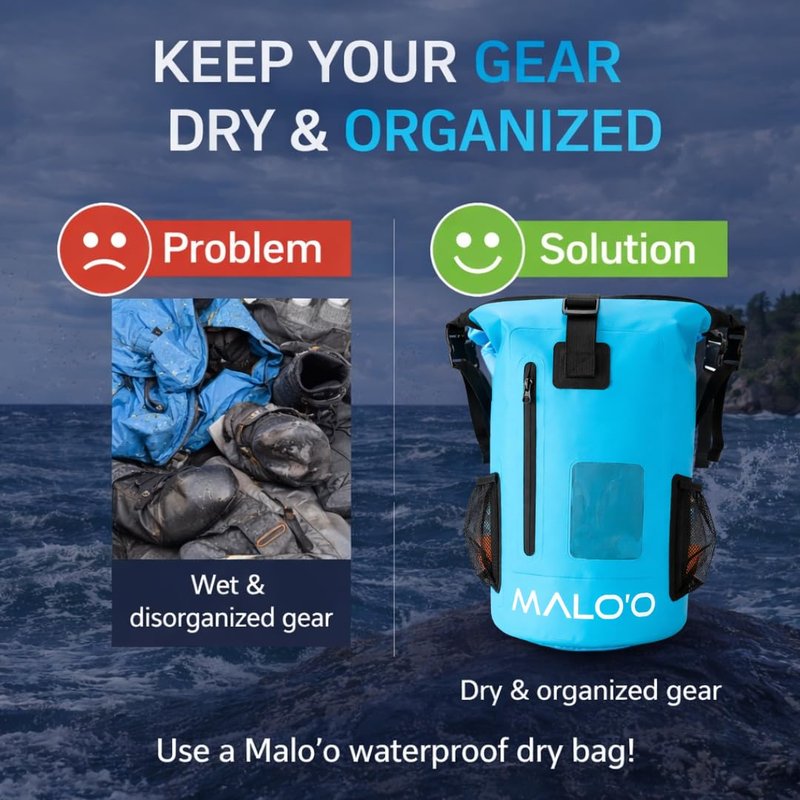 Malo’o 30L Waterproof Dry Bag Backpack – Roll Top Heavy Duty 500D PVC Dry Pack with Padded Straps, IPX6 Waterproof, Keeps Gear Dry for Kayaking, Fishing, Beach, Camping & Travel