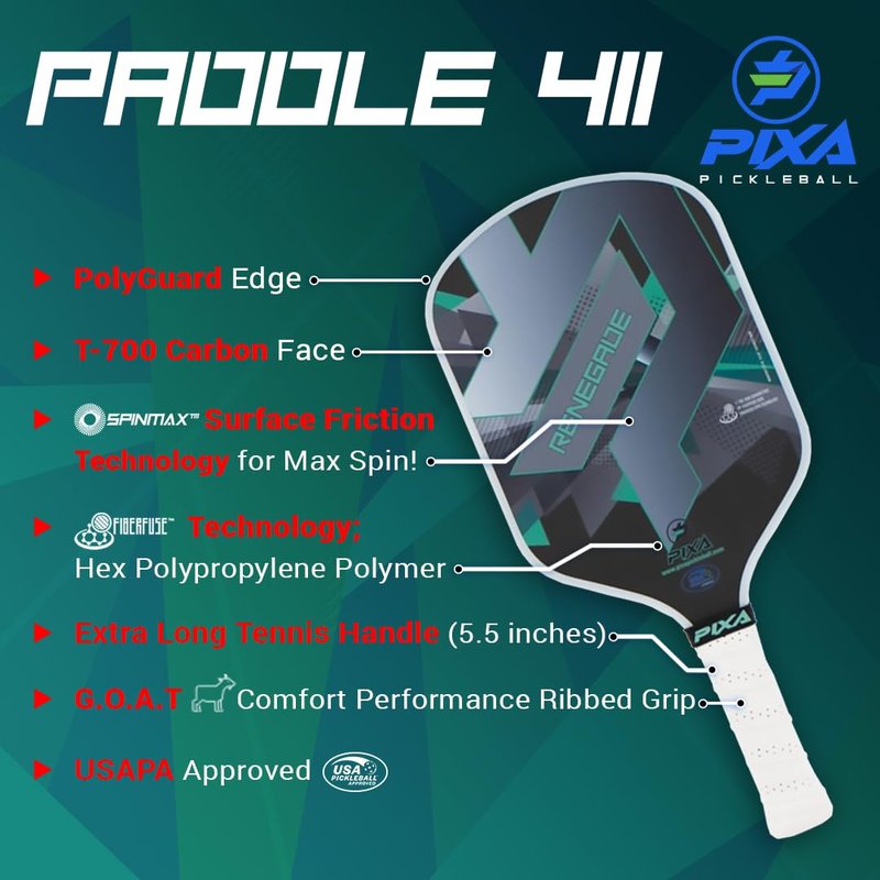 PIXA Renegade T-700 Carbon Face Pickleball Paddle; 16mm; Intermediate/Advanced; Friction Surface, Max Power, Control, and Spin; Great Gift!