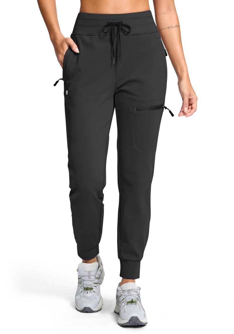 G Gradual Women's Fleece Lined Joggers Hiking Pants 4 Zipper Pockets High Waisted Water Resistant Winter Running Sweatpants, Black, Medium