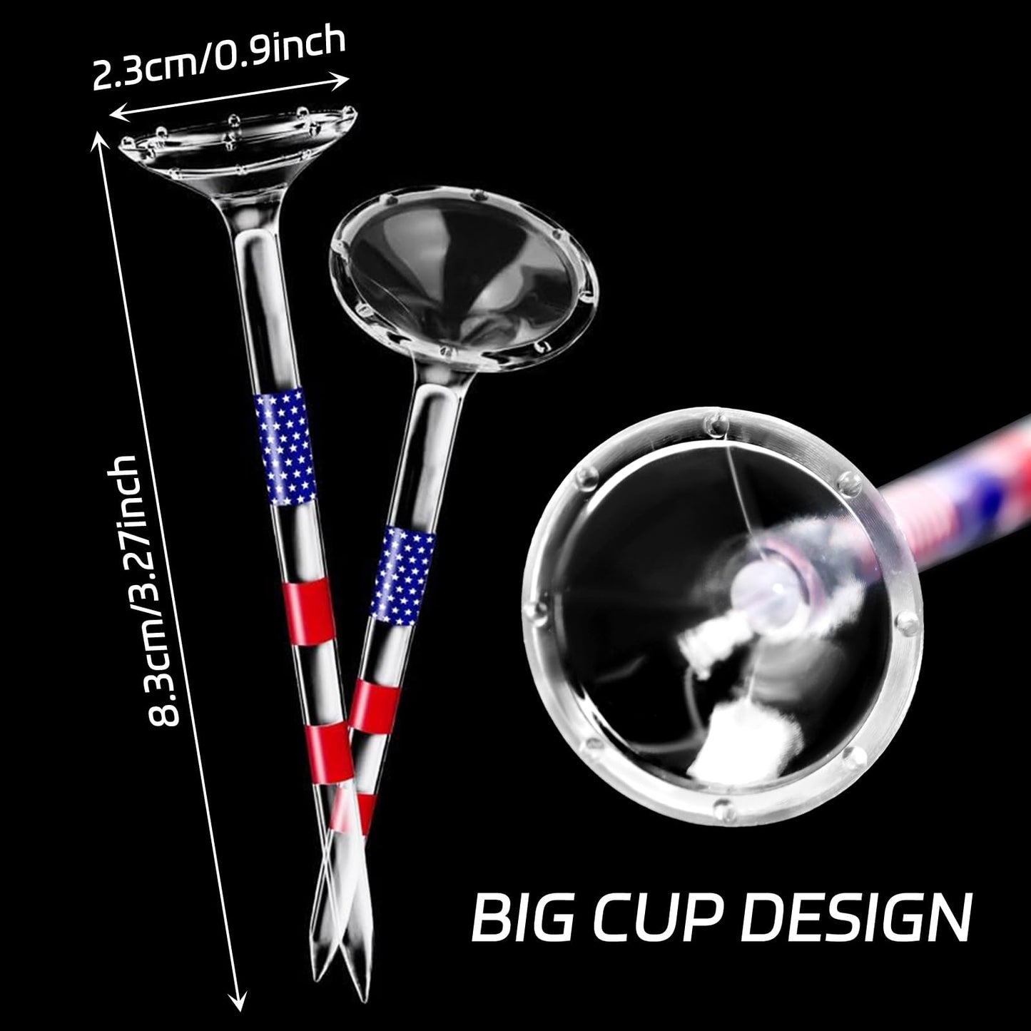 Rionaty 100 Pack Golf Tees 3 1/4'' Plastic Golf Tees Unbreakable American Flag Golf Tees Low Friction Transparent Long Golf Tees Bulk with Big Cup 8 Prongs Golf Accessories for Men