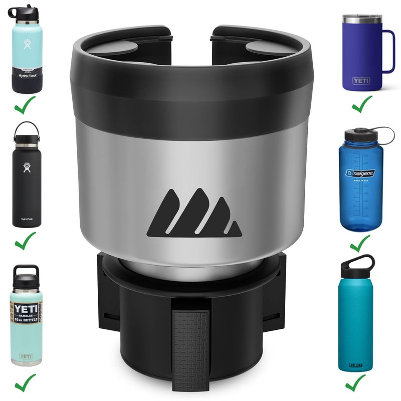 Integral Silver Hydro Expander Car Cup Holder Expander Organizer with Adjustable Base - Rubber Tabs Hold Most 32-40 oz Bottles and Large Cups