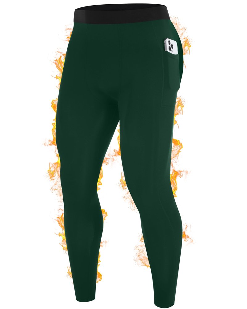 RIKUAOU Men's Thermal Pants Long Johns, Fleece Lined Compression Tights Leggings with Pockets, Ski Running Base Layer Bottoms Dark Green
