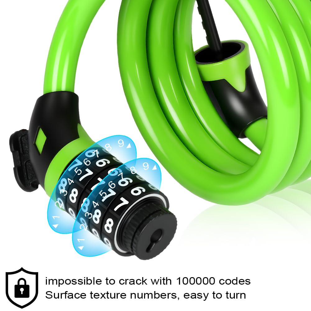 Ainiv Bike Lock, 4 FT/120cm Bike Lock Cable with Mounting Bracket, Portable Anti Theft 5 Digits Codes Cable Locks, Resettable Combinations Bicycle Lock for Bike, Motorbike, Scooter, Gate(Green)