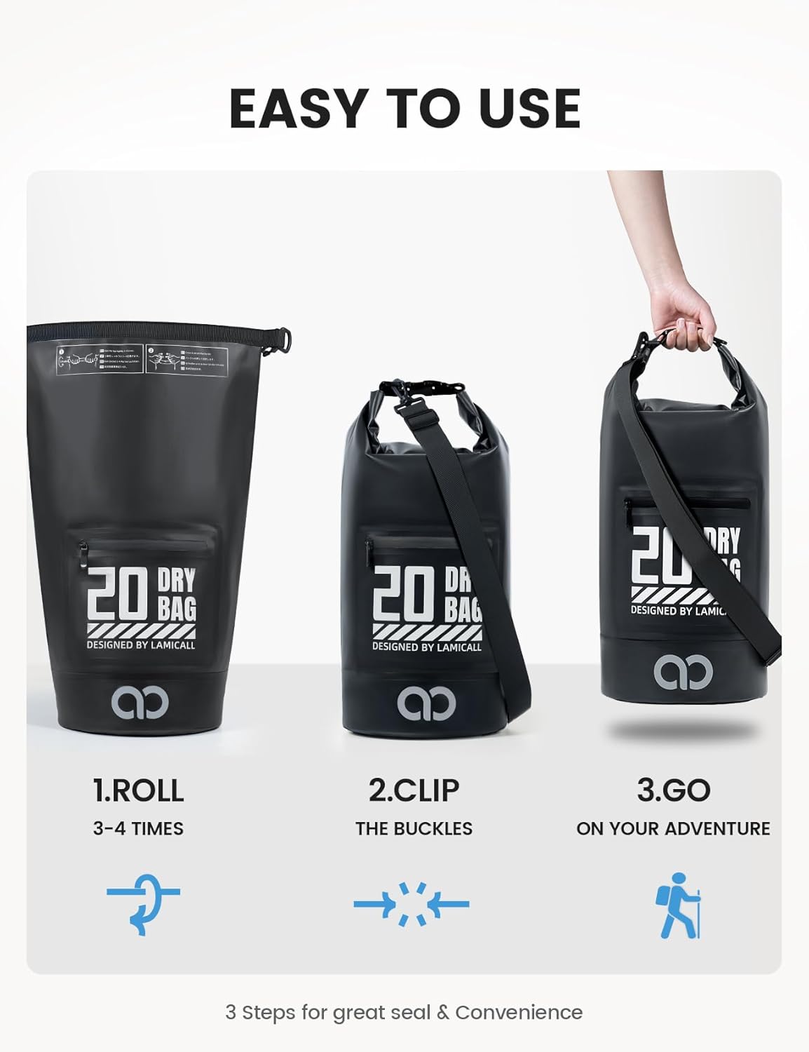 Lamicall Waterproof Dry Bag - Durable Floating 5L/10L/20L/30L/40L with Phone Pouch | Ideal for Kayaking, Paddle Boarding, Hiking, Fishing