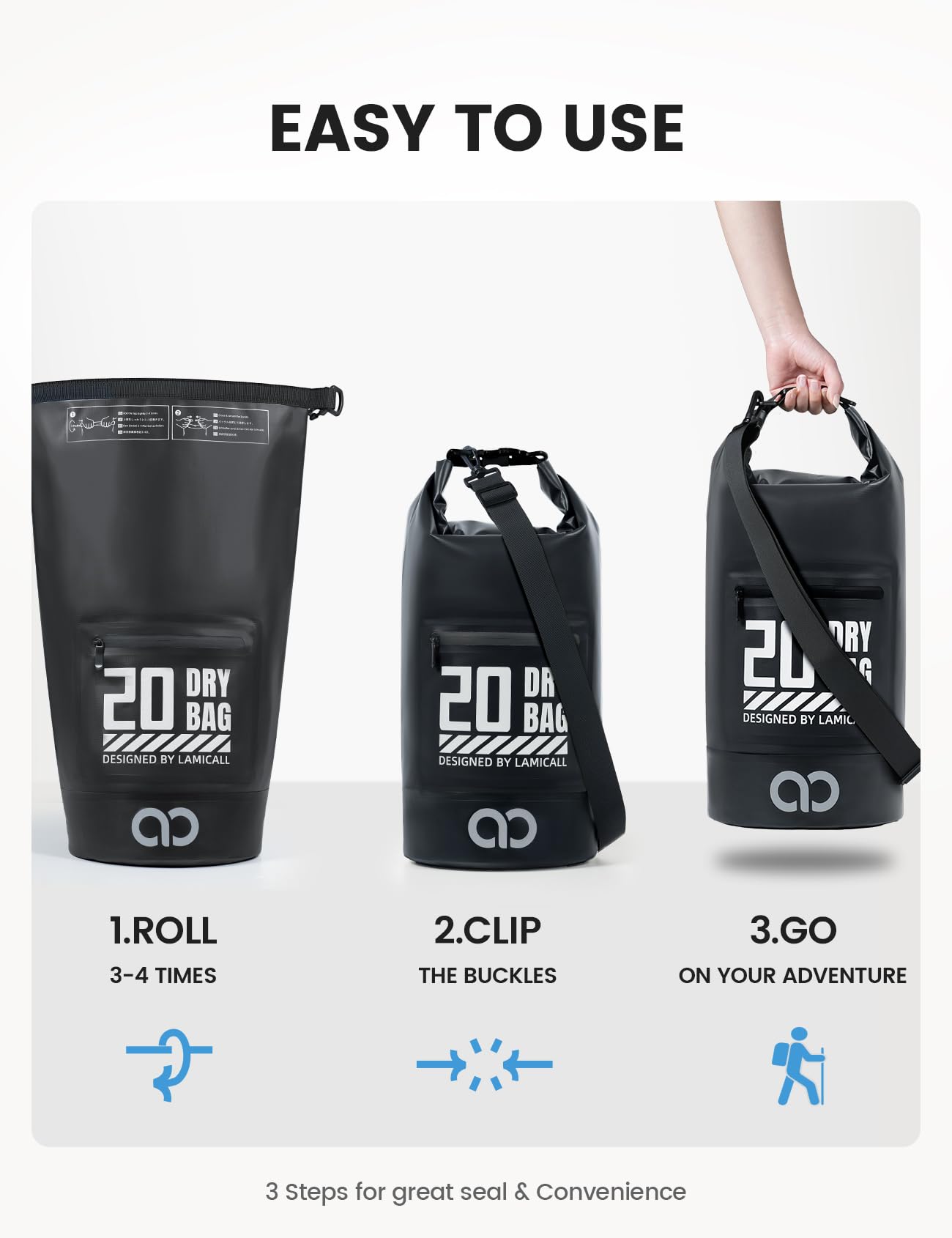 Lamicall Waterproof Dry Bag with Phone Pouch, Floating Roll Top Backpack for Kayaking, Boating, Swimming and Camping