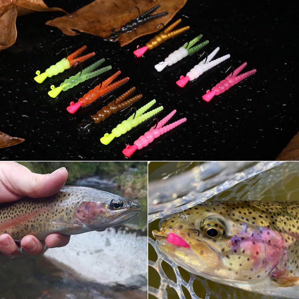 Trout Fishing Lure Kit - 165-Piece Set with Split Tail Grub Worms, Shad Dart Jig Heads & Floats | Ideal for Creek & River Fishing