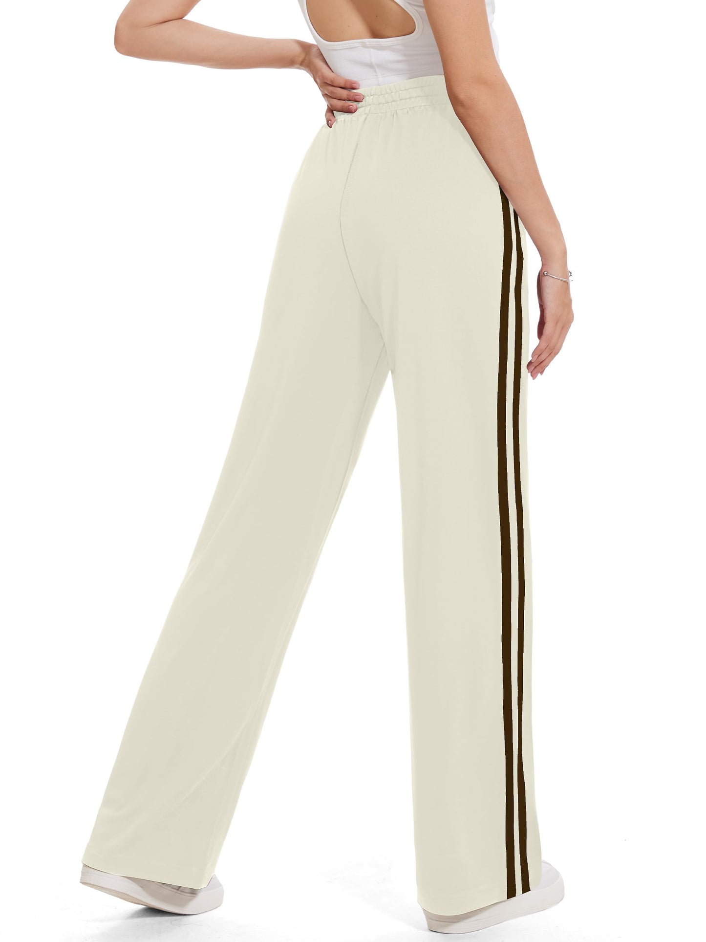 Tapata Regular Women's 30" Inseam Casual Pants Track Athletic Sweatpants Warm Up Loose Side Stripe Street Slacks, Beige, L