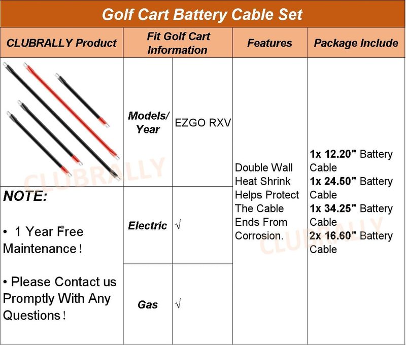 CLUBRALLY Golf Cart Battery Cables Power Wiring Kit, 2 Gauge Battery Cable for EZGO RXV Golf Carts