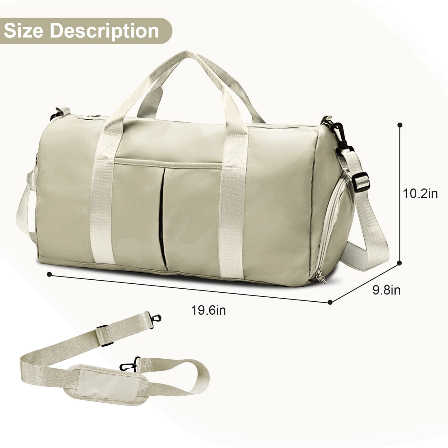 ZGWJ Sports Gym Bag with Wet Pocket & Shoes Compartment, Waterproof Shoulder Weekender Bag for Women and Men Swim Sports Travel Lightweight and easy Carry on Beige