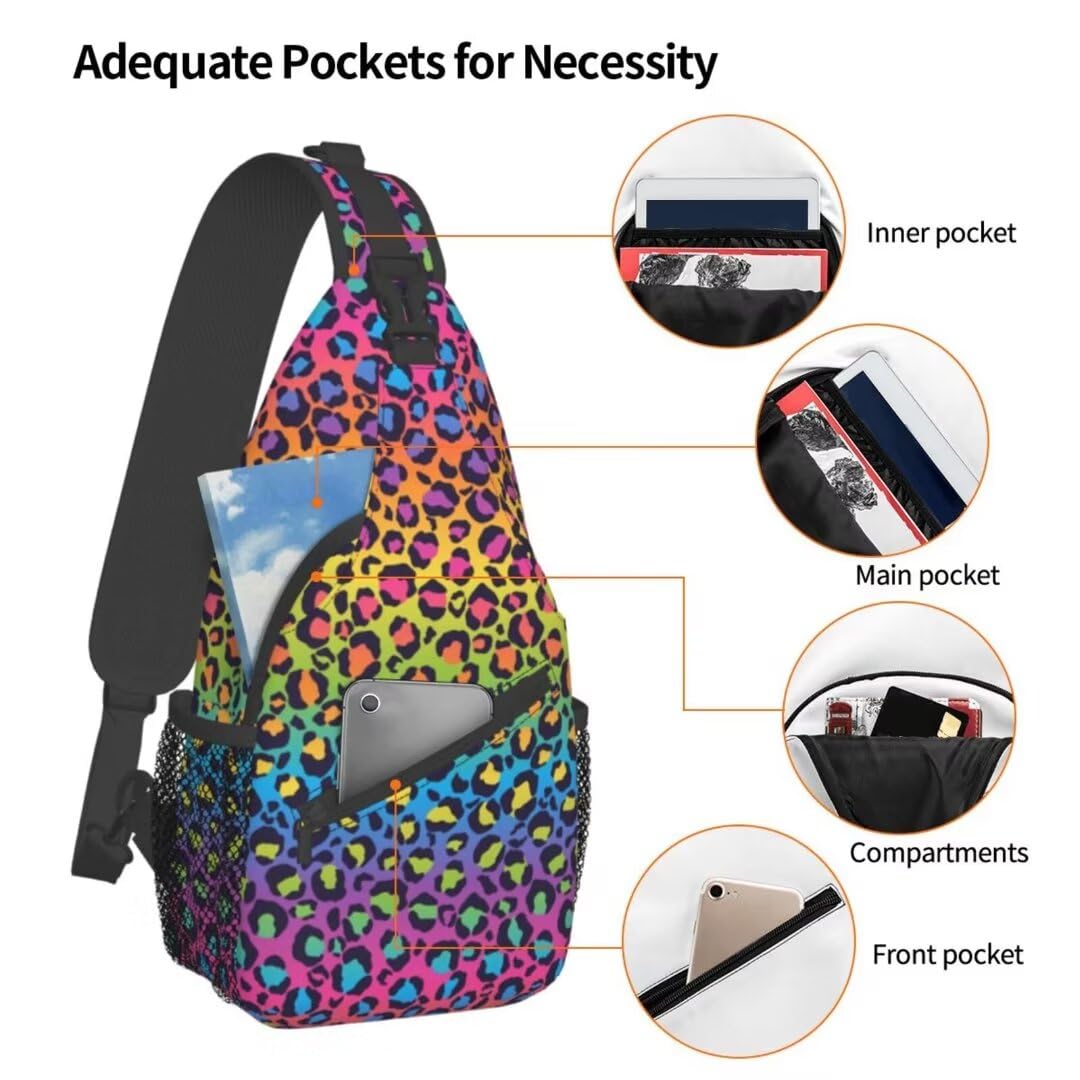 SURERUIM Rainbow Leopard Print Sling Bag for Women Men Crossbody Shoulder Backpack Colorful Leopard Natural Fur Texture Wildlife Animal Skin Chest Bags Cute Cheetah Print Travel Hiking Daypack