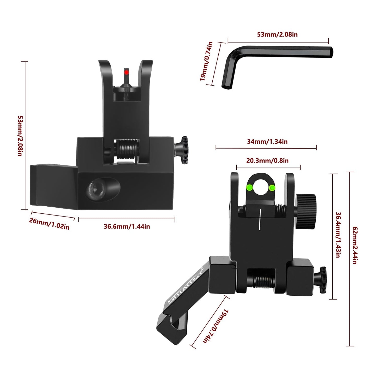 SHTALHST Iron Sights,45 Degree Offset Flip Up Sights,Flip Up Front and Rear Sights,Canted Iron Sights with Fiber Optic Red and Green Dots for Picatinny Rail,Flip Up Iron Sight