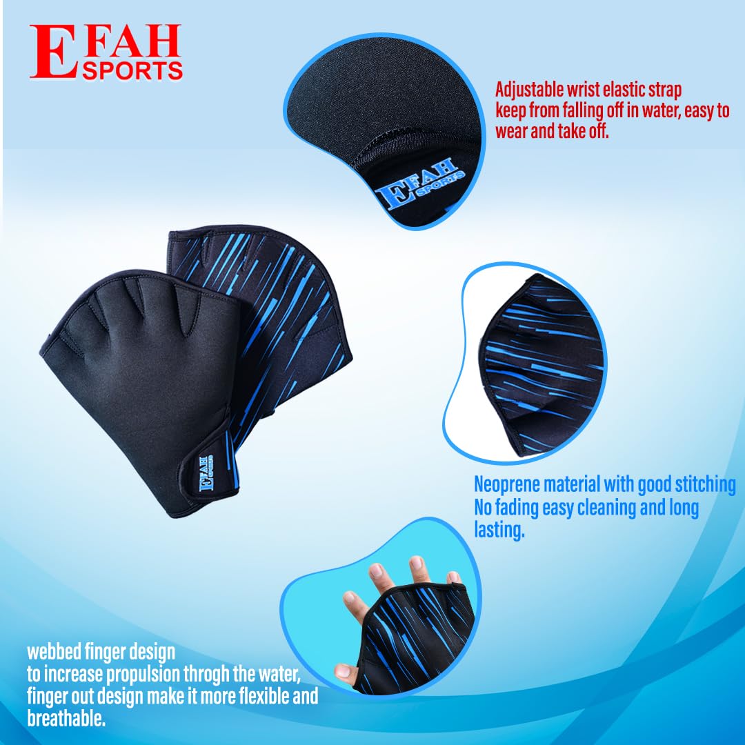 EFAH SPORTS Swimming Gloves Aquatic Swim Training Glove Neoprene Webbed Fitness and Water Aerobics Resistance Gloves for Men Women Children (Blue Large)