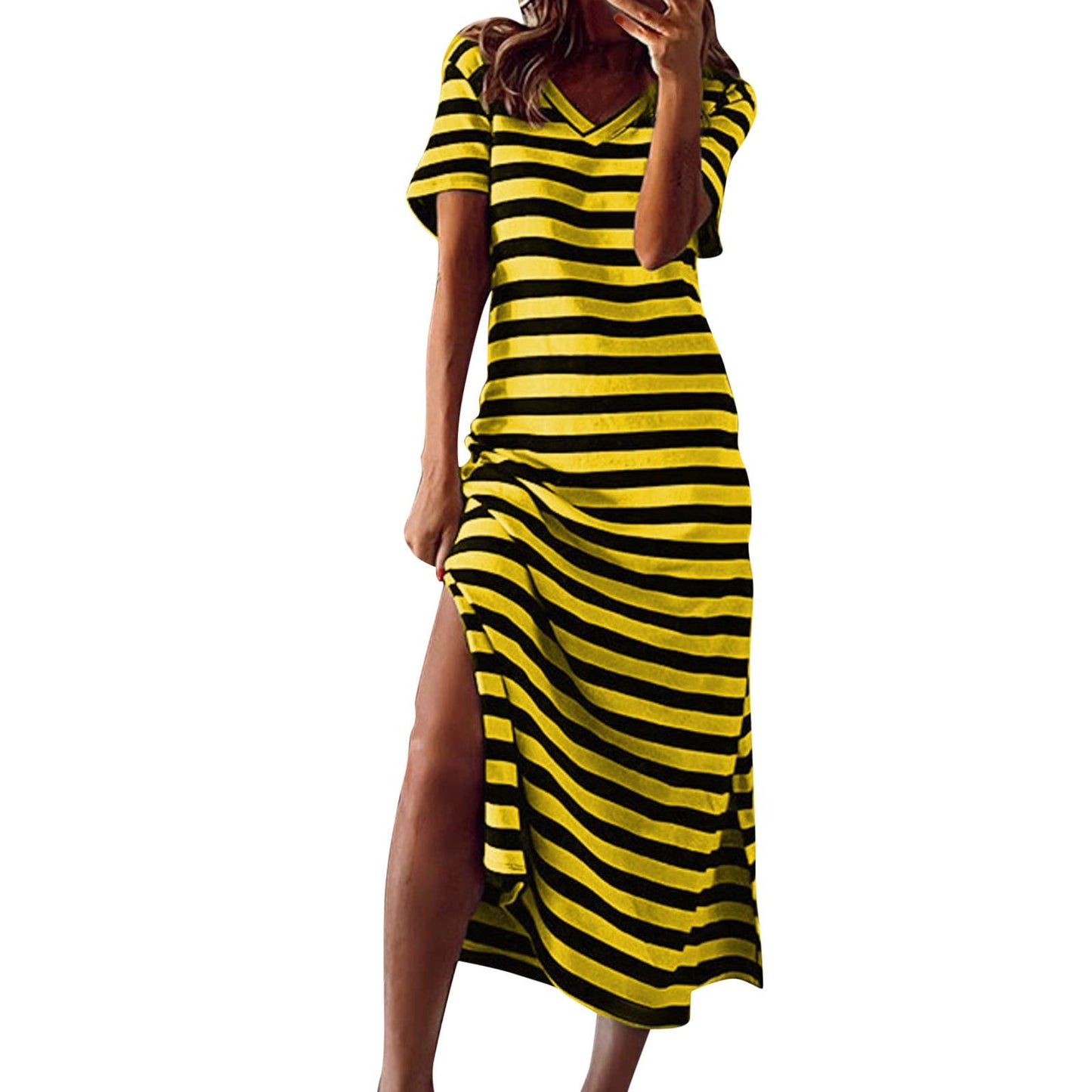 Willisos Maxi Dresses for Women 2024 Women's Summer Maxi Dress Loose Casual Long Dress Striped Short Sleeve Split Sundresses Yellow, Large