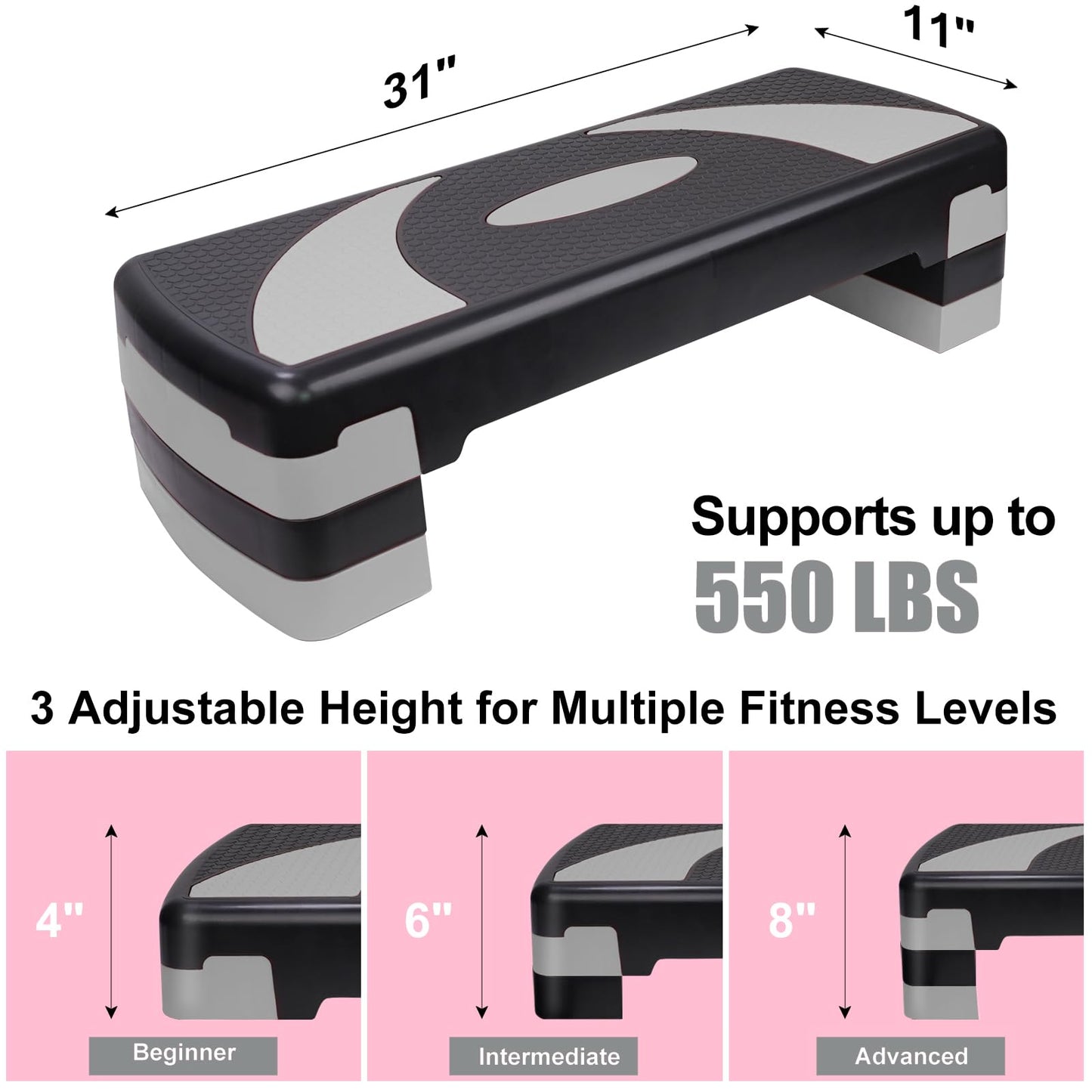 Exercise Workout Aerobic Step Platform Trainer, 31" Aerobic Stepper with 4"-6"-8" Adjustable Height Risers (Gray)