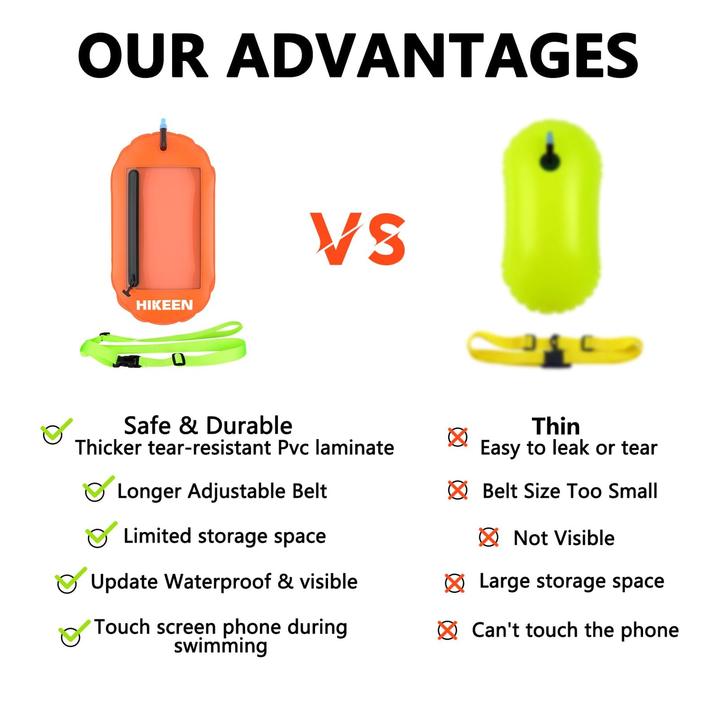 Hikeen Swim Buoy -Waterproof Touchscreen Storage Space, Swim Safety Float w/Adjustable Waist Belt for Open Water Swimmers and Triathletes -Be Bright,Be Safer & Be Seen