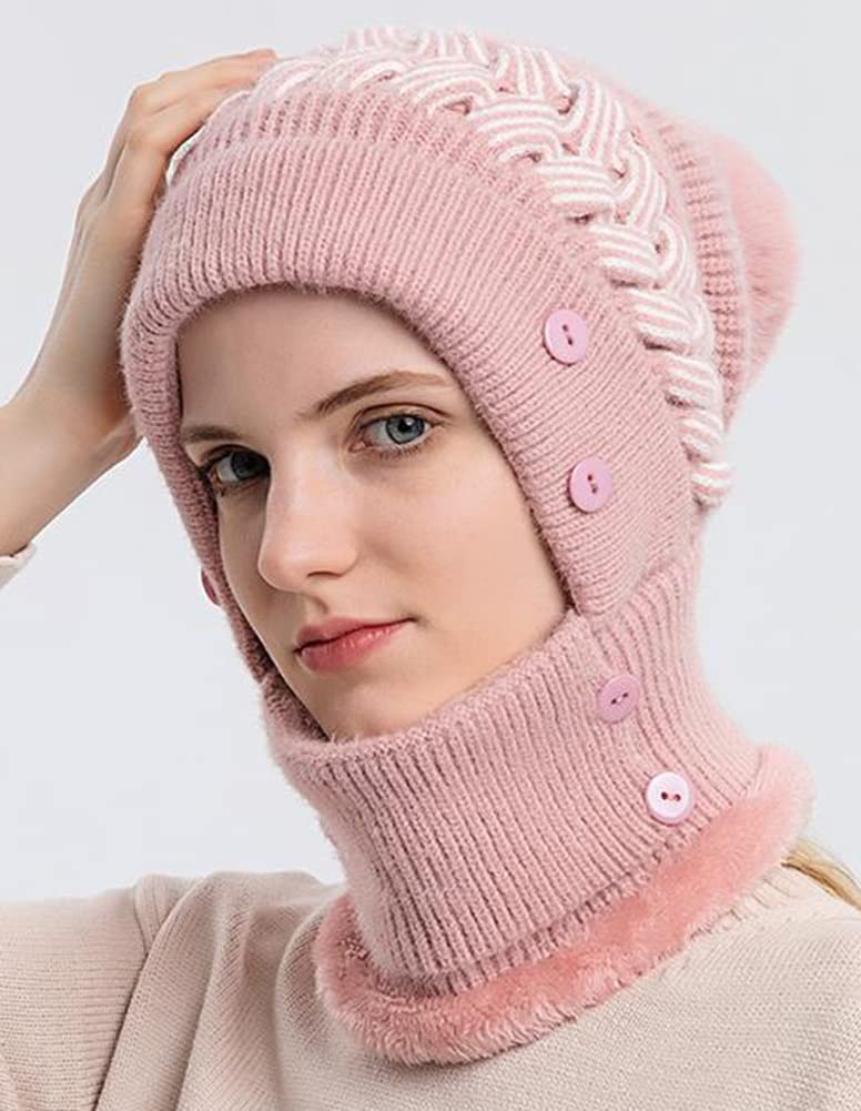 Women One Piece Slouchy Fleece Beanie Hats Scarf Mask Warm Winter Knitted Hat Thick Skull Ski Cap