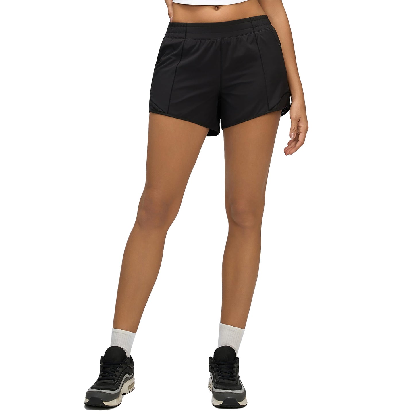 MCEDAR Women's Low Waisted Running Shorts 4" with Mesh-Lined Active Workout Quick Dry Gym Athletic Sports Short Zip Pocket Black/S