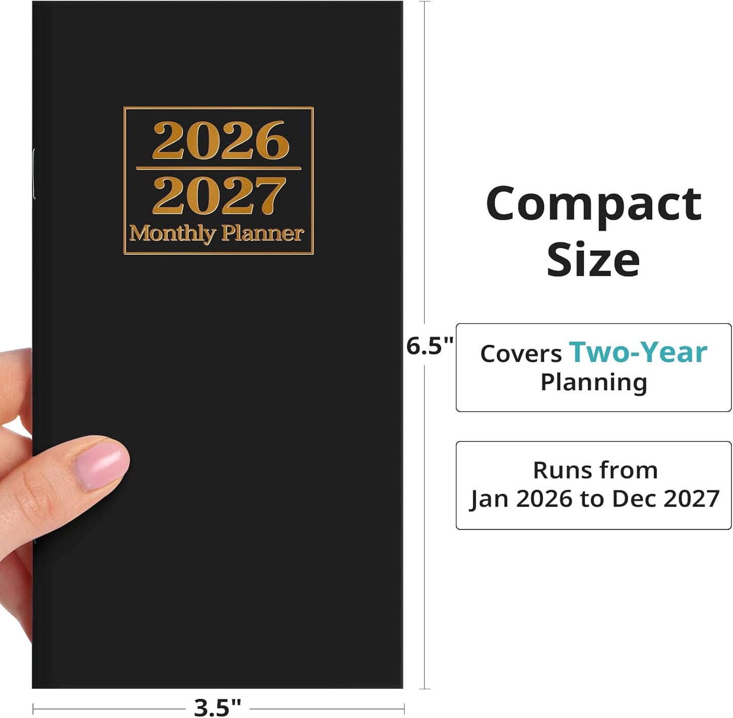 Pocket Calendar 2026-2027 | Two-Year Monthly Planner for Purse | Compact Size 6.5" x 3.5" - Black