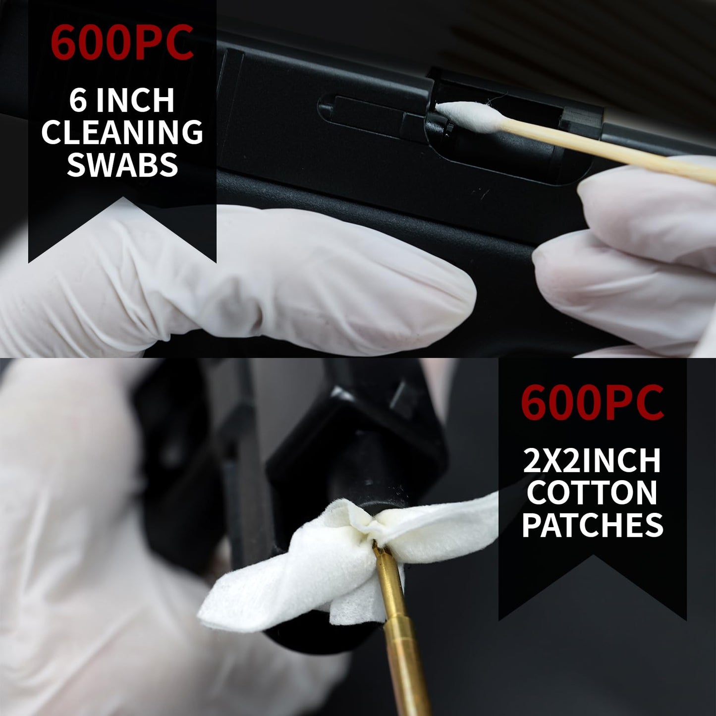 PINGMIC Gun Cleaning Supplies - Gun Cleaning Patches 600PCS and Gun Cleaning Swabs 600PCS, 6" Long Cotton Swabs, 2" x 2" Lint Free Gun Cleaning Cloth Fit Most Caliber Firearms