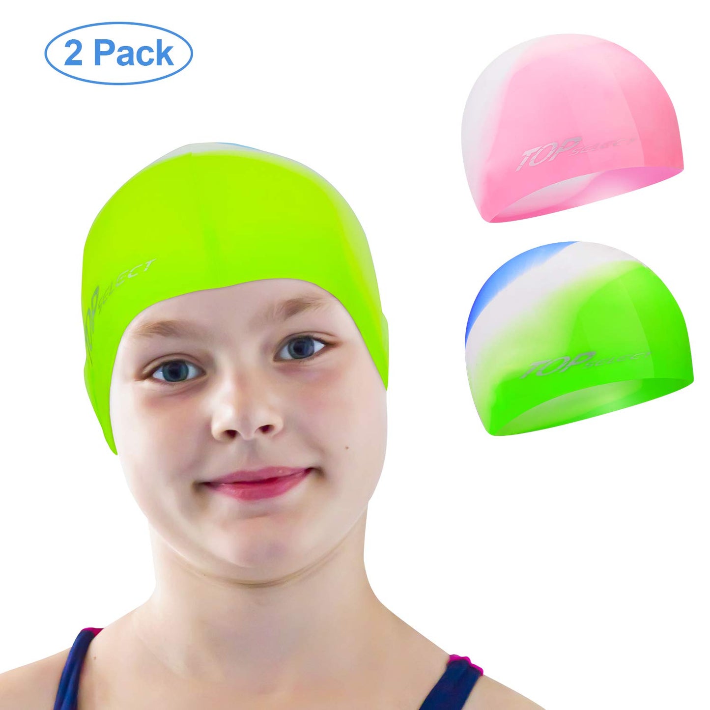 TopSelect 2PK Swim Caps for Kids Youth Boys Girls,Unisex Silicone Swimming caps for Toddler Aged 3-16 Waterproof Bathing Caps for Long and Short Hairs, Comfortable and Durable (Pink/Blue&Green)